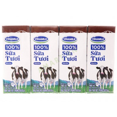 Sữa tươi tiệt trùng vinamilk hộp 180ml 100%s.tươi/chocolate
